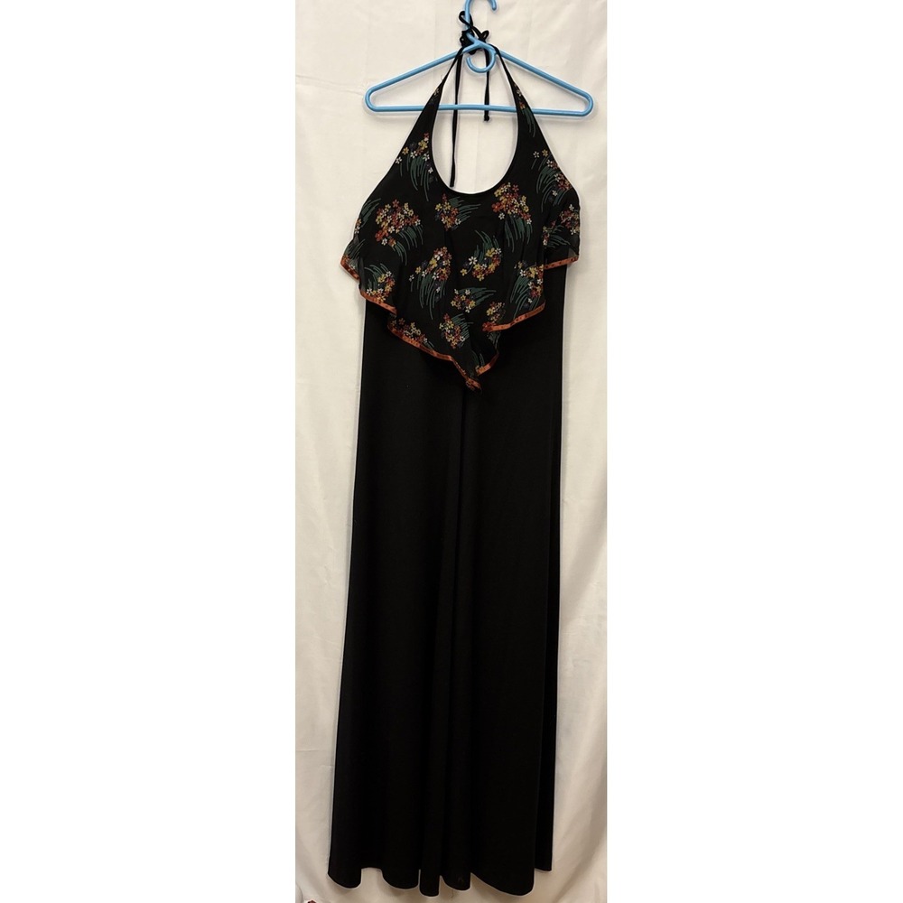 Vtg 70s Women's Young Edwardian Arpeja Black Dress Halter Maxi Floral Gypsy Boho